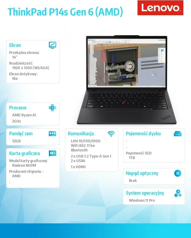 Profesionalni prenosnik Lenovo ThinkPad P14s Gen 6 (AMD), Ryzen AI 7 PRO 350, 32 GB RAM, 1 TB SSD, 14,0" WUXGA, črn