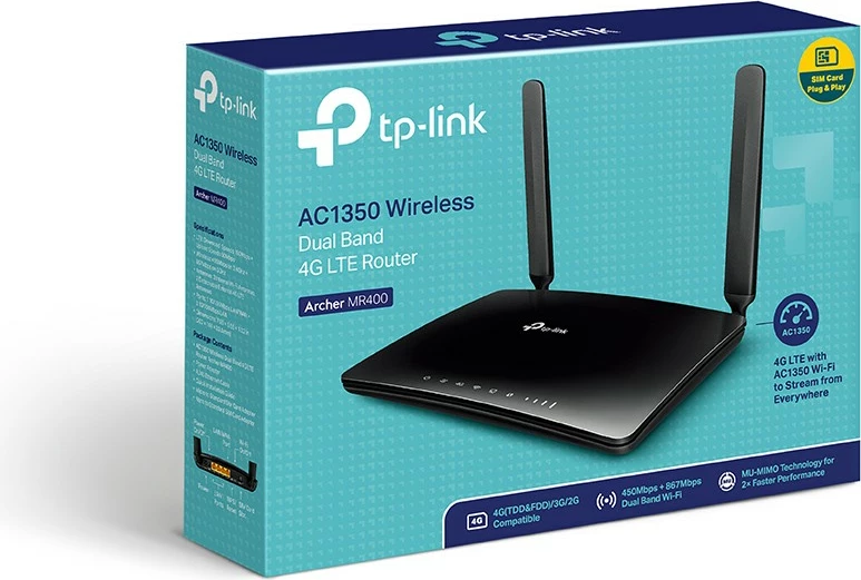 4G LTE usmerjevalnik Archer MR400 AC1200 TP-LINK, 3 LAN, 1 LAN/WAN, 1 SIM, črn