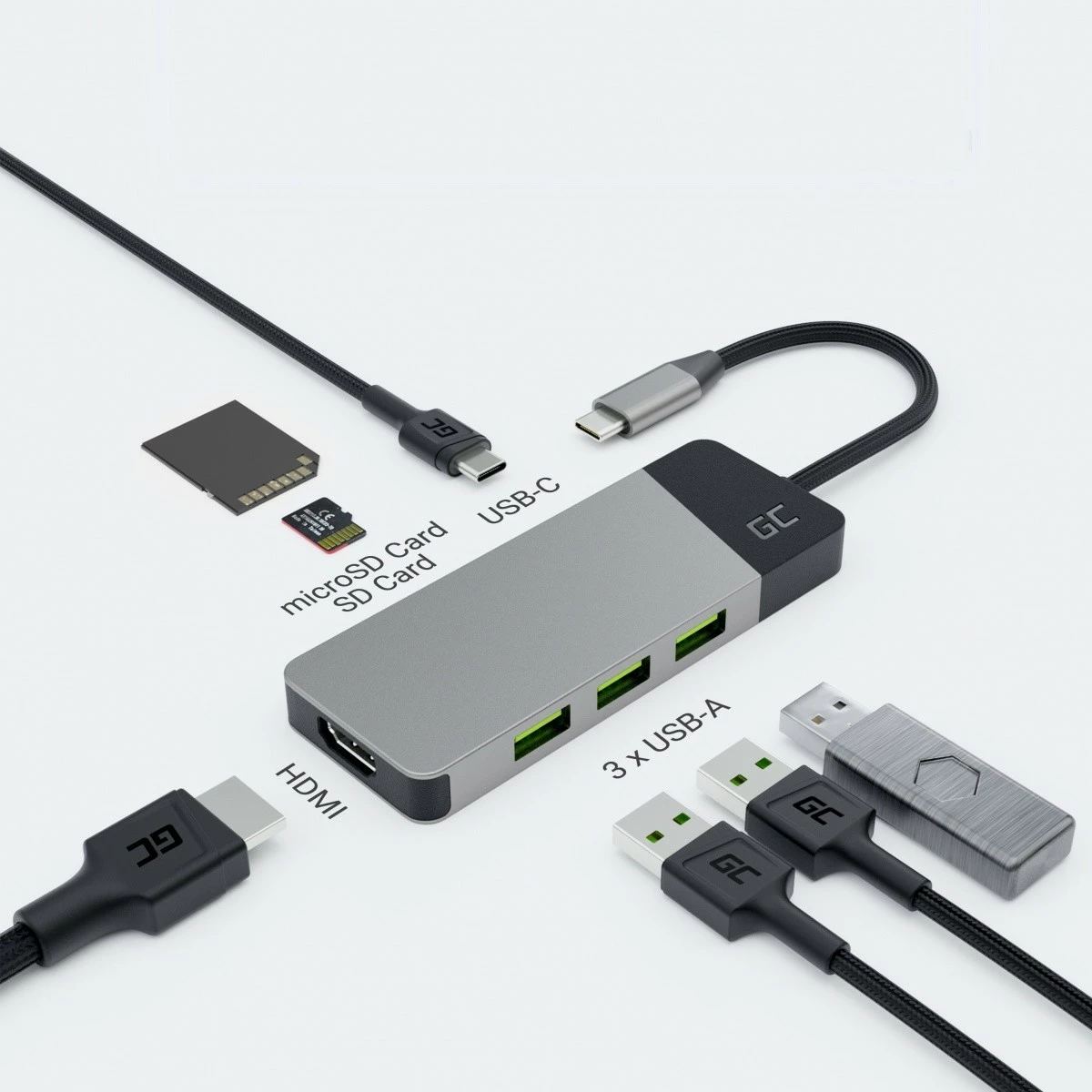 Hub adapter z 3x USB 3.1, HDMI 4K 60Hz, USB-C PD 85W, Green Cell HUBGC01, črno/srebrn