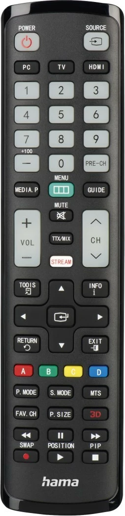 Daljinski upravljalnik z učnim načinom, IR 1:1, osvetljene tipke, združljiv s Samsung, z baterijami AAA, črn, Hama 221060