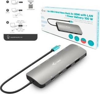 Računalniško ohišje za dok i-tec C31NANOHDM2DOCPD, 2x HDMI, USB-C, 100W, kovina, črno
