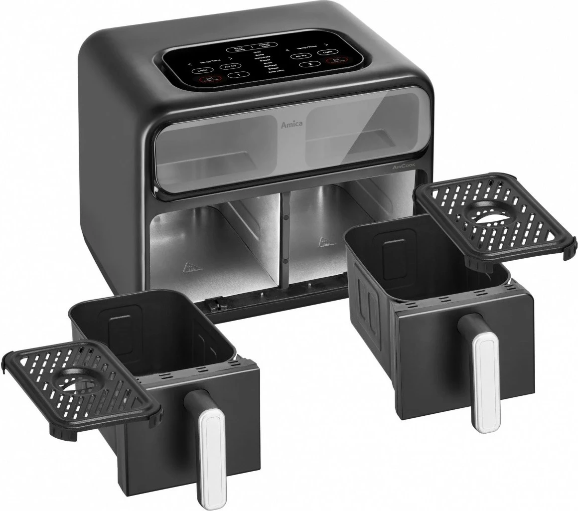Friteza na vroč zrak z dvema komorama Amica AFM 7020, 8 L, 2400 W, zaslon na dotik, opazovalno okno, črna