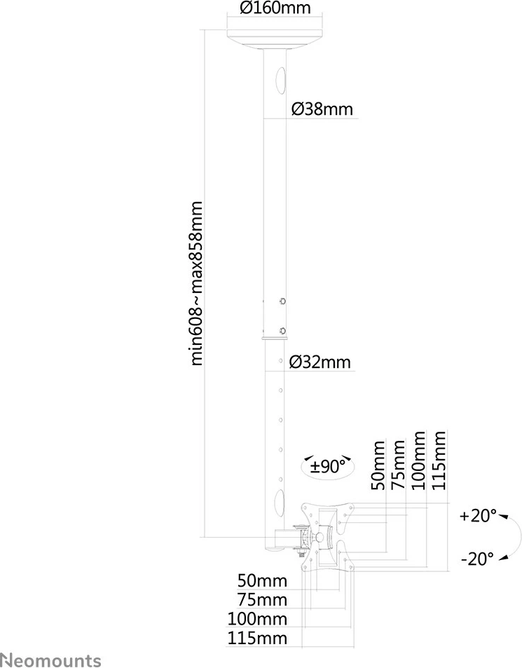 Stropni nosilec za zaslon 10–30", Neomounts Newstar FPMA-C050BLACK, črn Stropni nosilec za zaslon 10–30", Neomounts Newstar FPMA-C050BLACK, črn