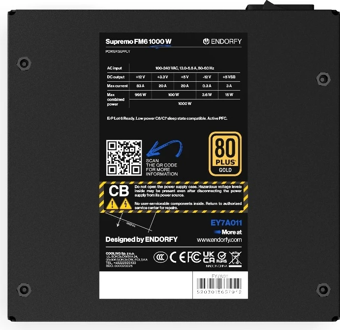 Napajalnik Endorfy Supremo FM6 Gold 1000W, modularen, 80 PLUS Gold, črn