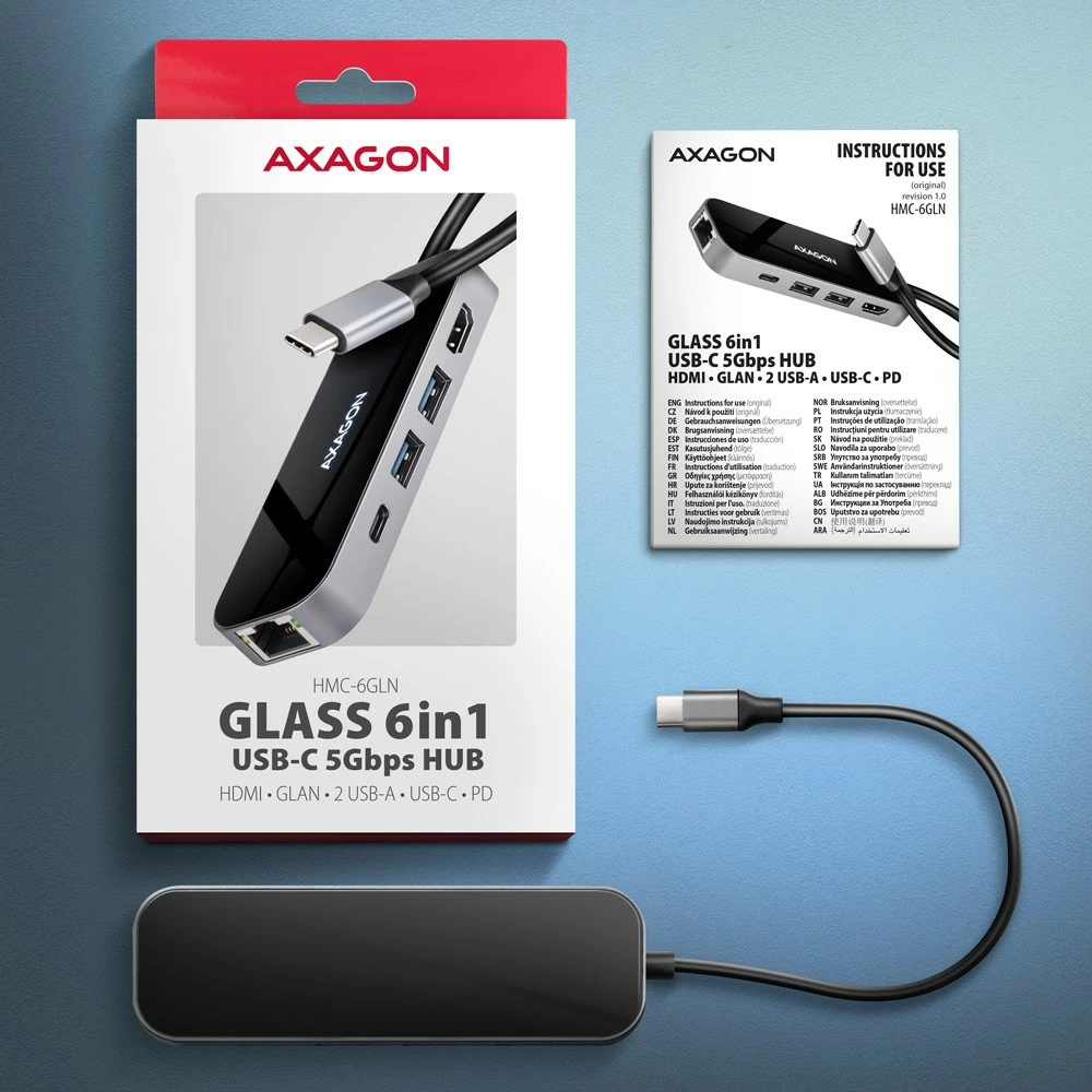Multiportni USB-C hub 6-v-1, 5Gbps, 2x USB-A, 1x USB-C, GLAN, HDMI 4K/60Hz, PD 100W, 20 cm, črn/srebrn — AXAGON HMC-6GLN