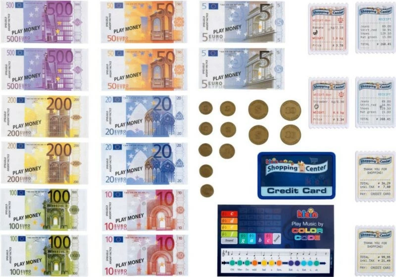 Igralna elektronka blagajna z blagajnim terminalom in čitalcem Klein 9324, srebrna in bela, komplet za otroke