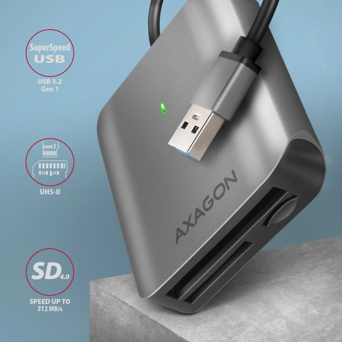 Kompakten bralnik kartic AXAGON CRE-S3, USB-A, 3 reže, USB 3.2 Gen 1, siv Kompakten bralnik kartic AXAGON CRE-S3, USB-A, 3 reže, USB 3.2 Gen 1, siv