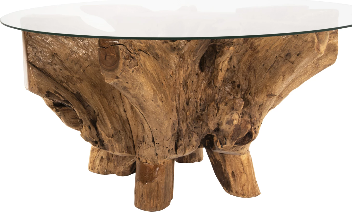 Okrogla miza za dnevno sobo iz korenine tika s kaljenim steklom D100x46H cm