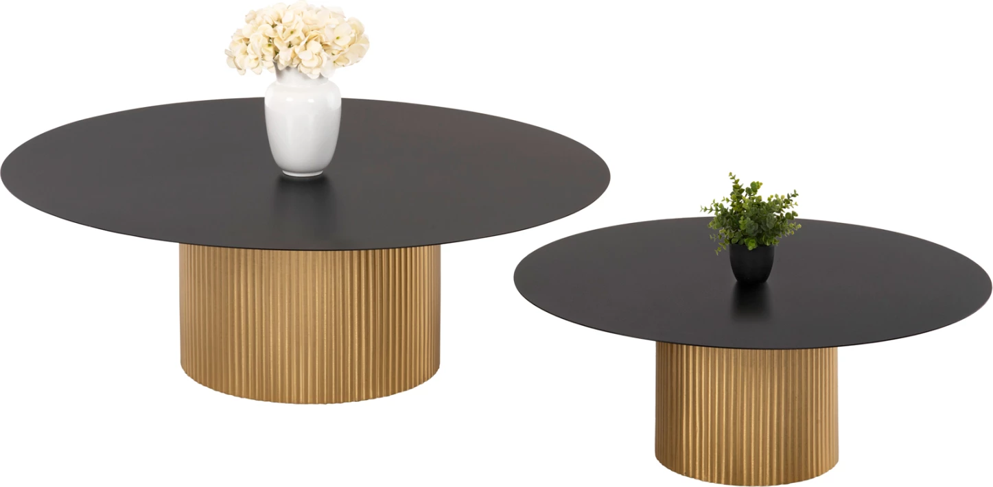 Klubske mize 2 kosa CLAD FH11916 kovinske v zlato-črni barvi vrh Φ110x38H & Φ80x32H cm