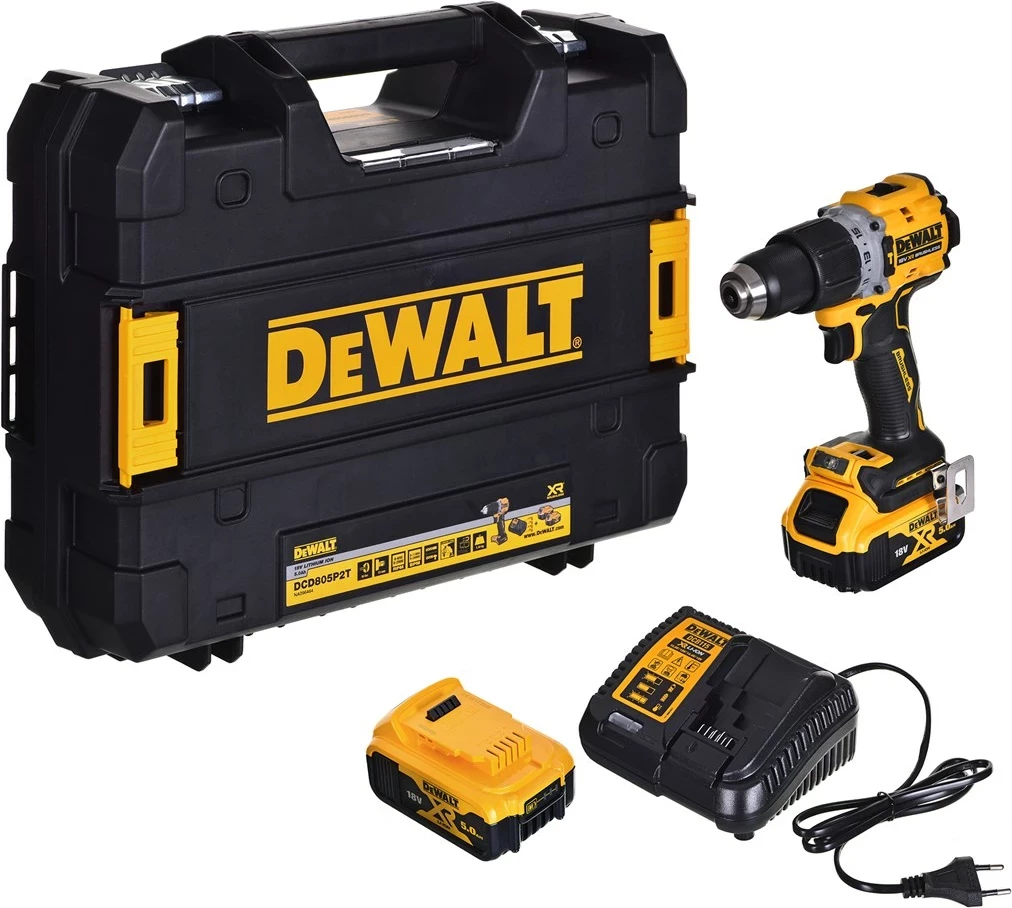 Kompakten akumulatorski vrtalnik-izvijač 18V DeWalt DCD805P2T, 2x5.0Ah, TSTAK, rumen