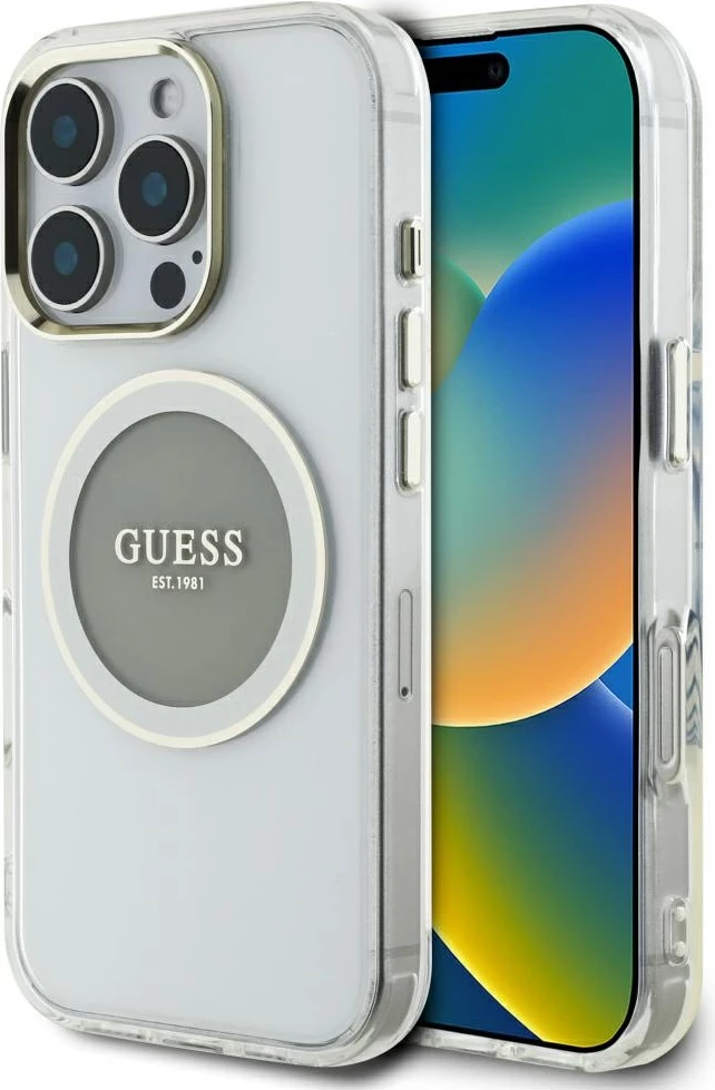 Ovitek za telefon Guess IML Metal Colored Circle Classic Logo MagSafe za iPhone 16 Pro, siv