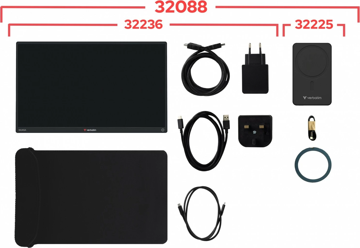 Prenosni zaslon na dotik 14" FHD IPS, Verbatim GMVE32088PLG Light, 60 Hz, 10-točkovni dotik, 2x USB-C + HDMI, vgrajeni zvočniki, z power bank 5000 mAh, črn