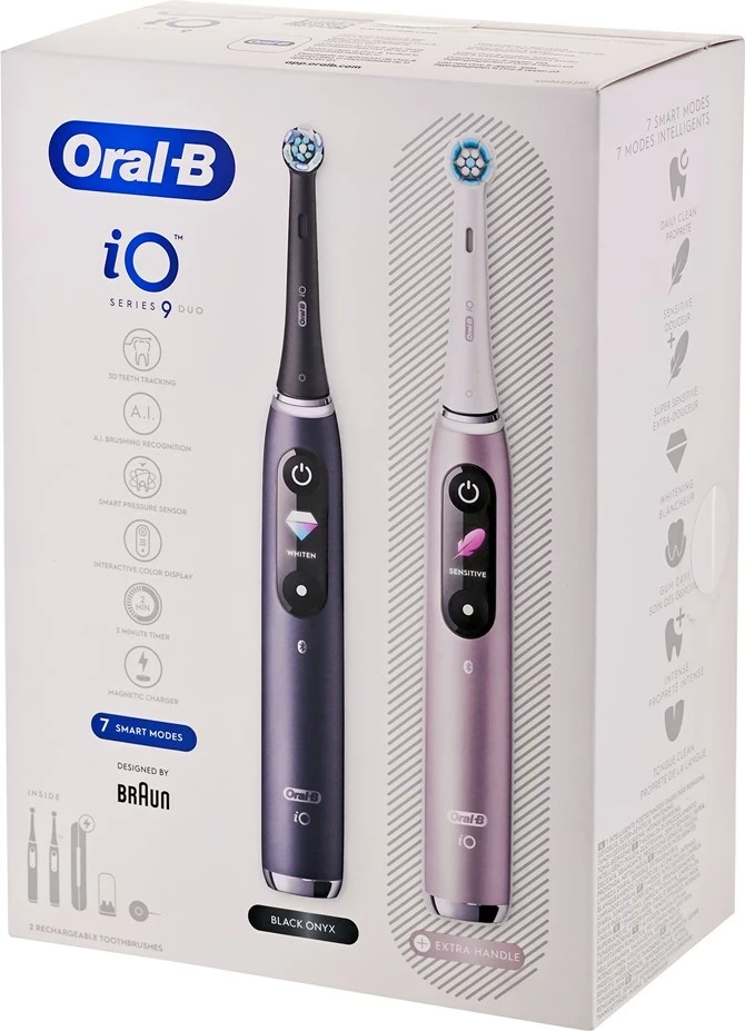 Električna zobna ščetka iO Series 9 Duo Pack, Braun Oral-B, z vgrajeno baterijo, črna in rožnata, set 2 kosa