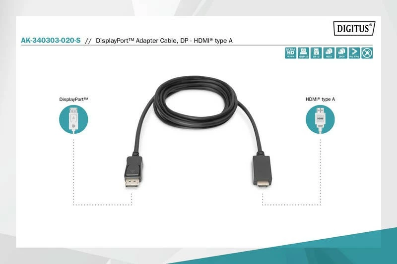 Kabel DisplayPort v HDMI, Digitus AK-340303-020-S, 2 m, črn