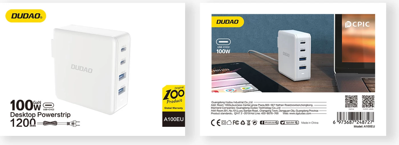 Stenski polnilec GaN 100 W, 2x USB-C, 2x USB-A, Dudao A100EU, bel