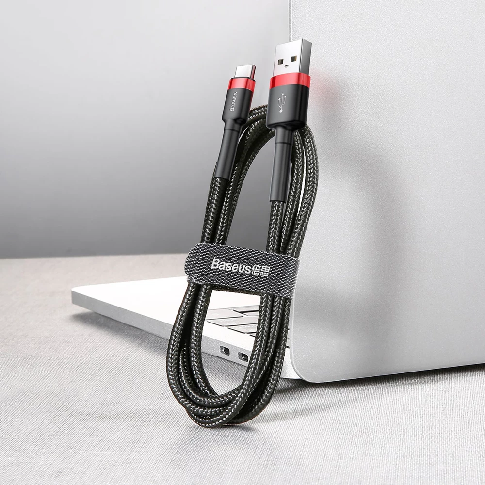 Kabel za hitro polnjenje in prenos podatkov Baseus Cafule CATKLF-A91 USB-A v USB-C, 0,5 m, 3A, QC 3.0, črno-rdeč
