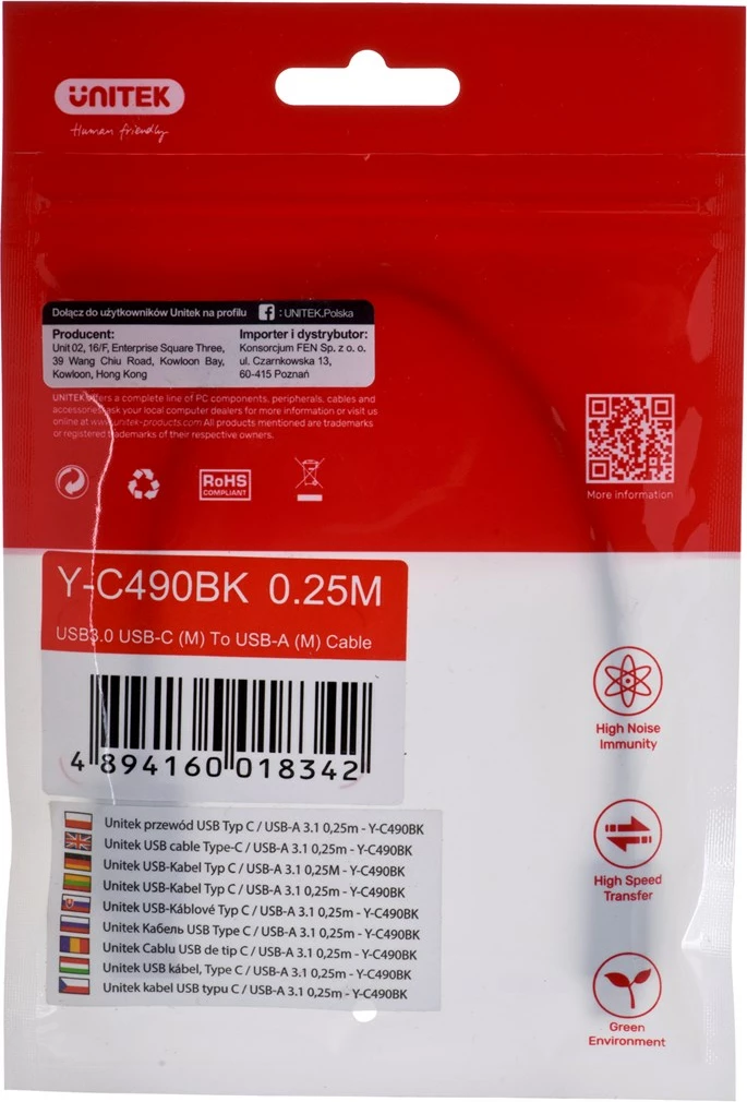 Kablu USB-C na USB-A Unitek, 0,25 m, črn