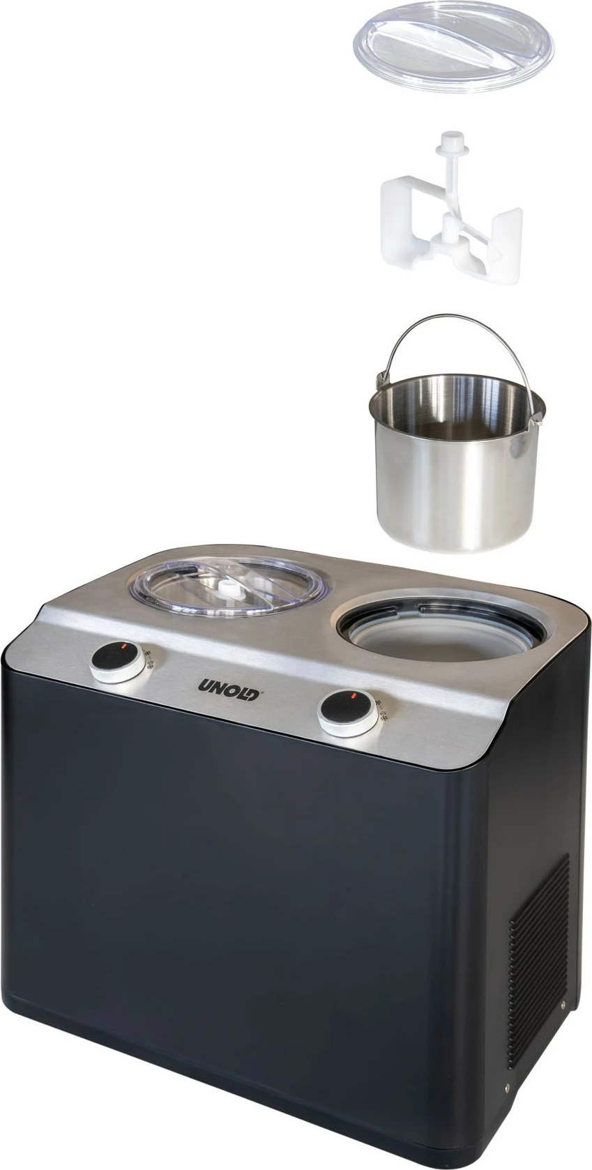 Aparat za sladoled Doppio UNOLD, 2,4 L, 2 posodi, kompresor, inox, črn