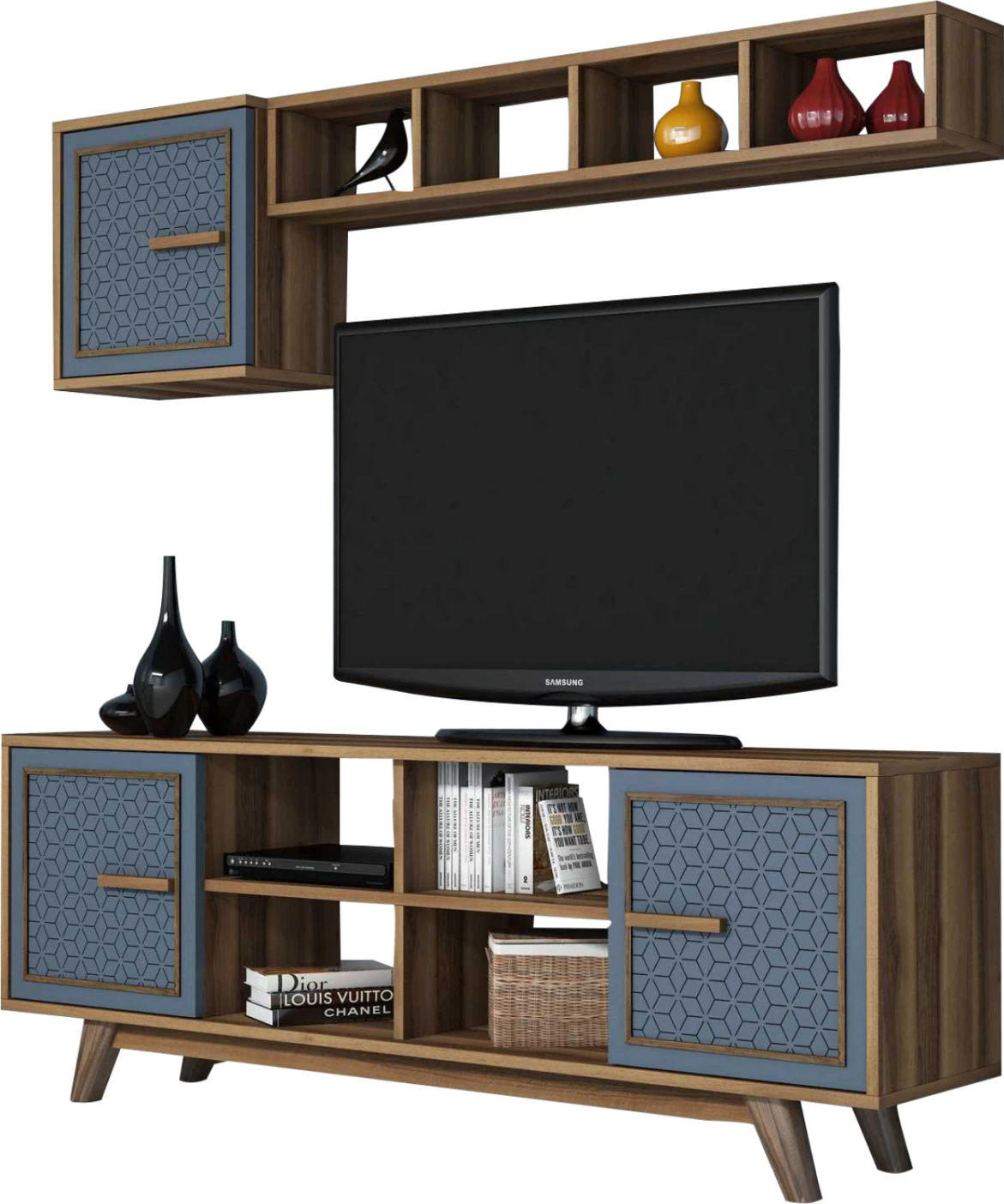 Komplet pohištva za TV FH9513.02 iz melamina v barvi oreha in modri barvi 160x35x56.2Hcm