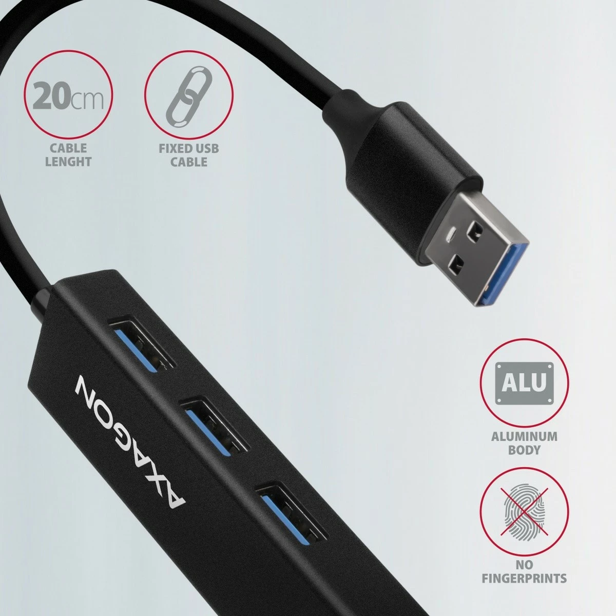 Multiport USB hub, 4 v 1, 5 Gbps, 3x USB-A + Gigabit LAN, aluminij, USB-A kabel 20 cm, črn - AXAGON HMA-GL3A Multiport USB hub, 4 v 1, 5 Gbps, 3x USB-A + Gigabit LAN, aluminij, USB-A kabel 20 cm, črn - AXAGON HMA-GL3A