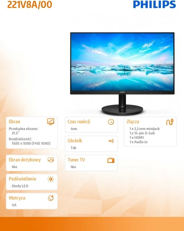 21,5" VA Full HD monitor, Philips 221V8A/00, HDMI, zvočniki, črn 21,5" VA Full HD monitor, Philips 221V8A/00, HDMI, zvočniki, črn
