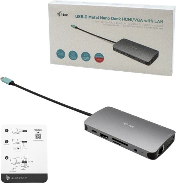 USB-C dok z vzmetnim kablom I-Tec Metal Nano Dock, siv