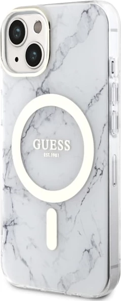 Ovitek za telefon z marmornim vzorcem MagSafe za iPhone 14 Plus 6,7", bel, Guess