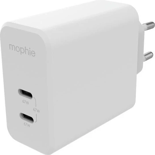 Dvojni USB-C polnilec 67W, Mophie GaN, bel