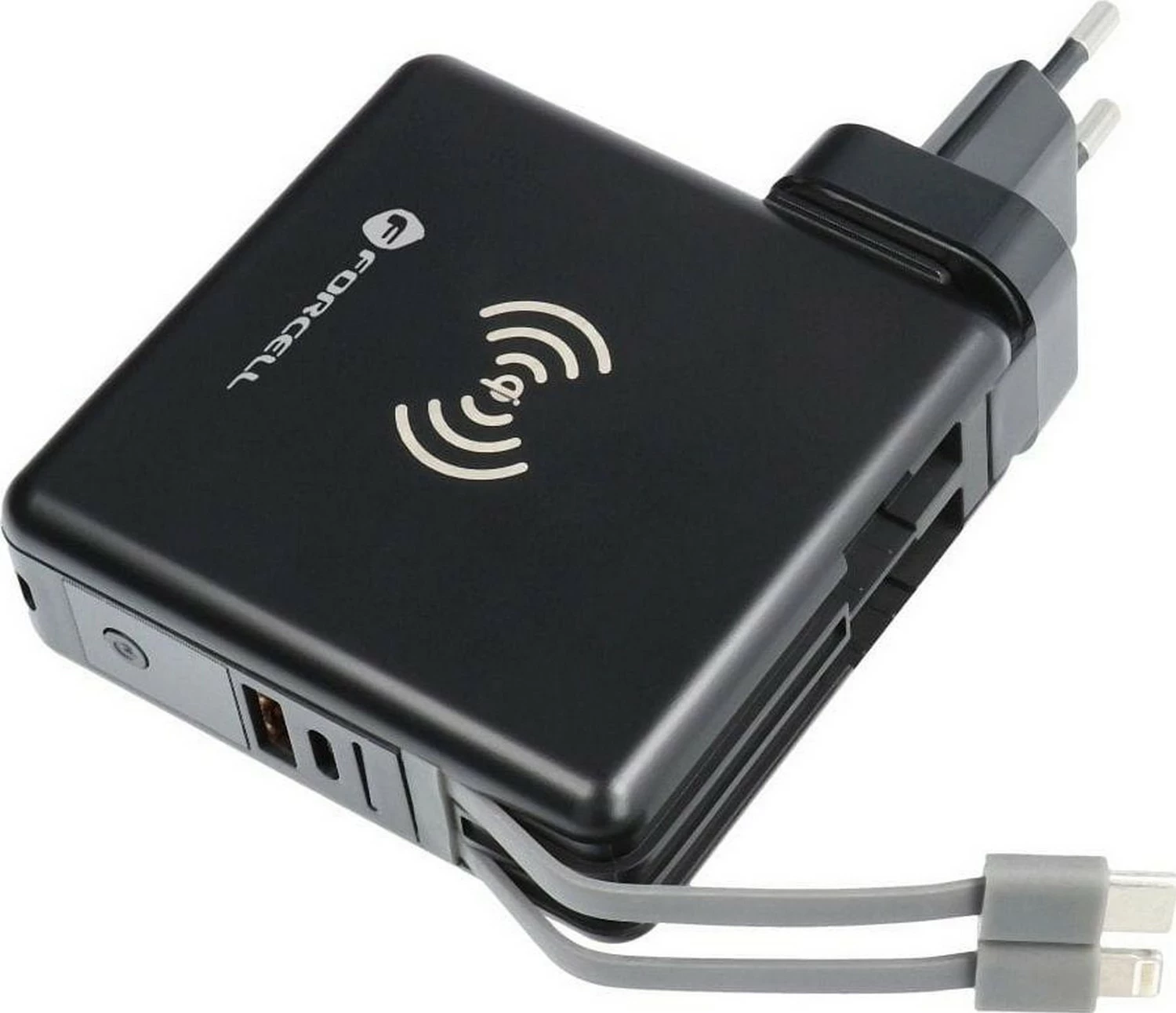 Multifunkcijski polnilec Forcell F-ENERGY 5v1, 10000 mAh, 20W PD, brezžični 15W, s kablom Type-C/Lightning, črn