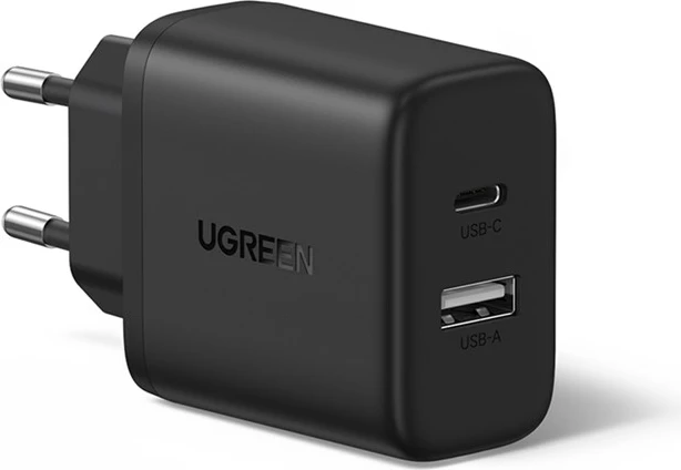 Hitri AC polnilec za pametne telefone in tablice, UGREEN 195058, 2 vrat (USB-A in USB-C), črn