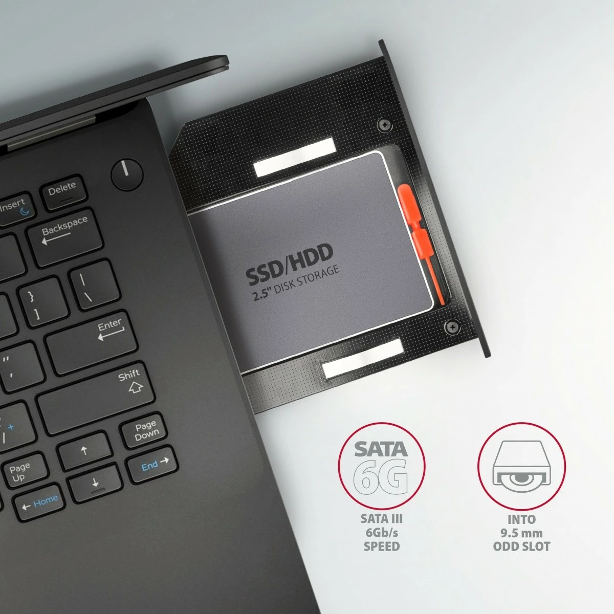 Računalniško ohišje za SSD/HDD 2,5" za ležišče DVD 9,5 mm, alumin, črno — AXAGON RSS-CD09 Računalniško ohišje za SSD/HDD 2,5" za ležišče DVD 9,5 mm, alumin, črno — AXAGON RSS-CD09
