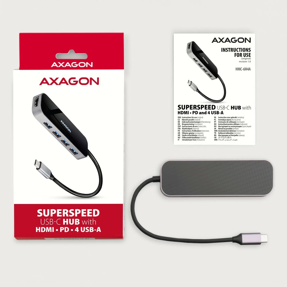 Večportni USB-C hub, 4x USB-A, HDMI, USB-C 3.2 Gen 1, PD 100W, 20 cm, črn, AXAGON HMC-6H4A Večportni USB-C hub, 4x USB-A, HDMI, USB-C 3.2 Gen 1, PD 100W, 20 cm, črn, AXAGON HMC-6H4A