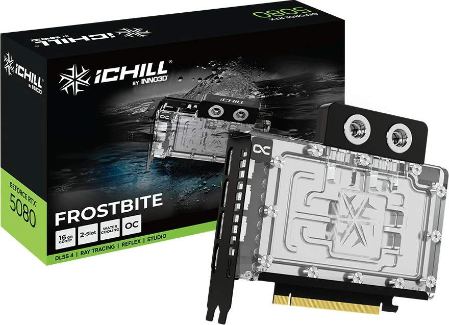 Grafična kartica iChill Frostbite Inno3D RTX5080, 16 GB GDDR7, črno/prosojna Grafična kartica iChill Frostbite Inno3D RTX5080, 16 GB GDDR7, črno/prosojna