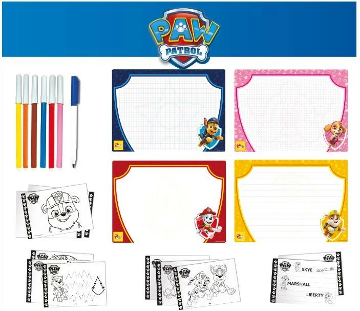 Set za risanje Paw Patrol Lisciani, 4 izbrisne tablice, marker, zvezek z vajami