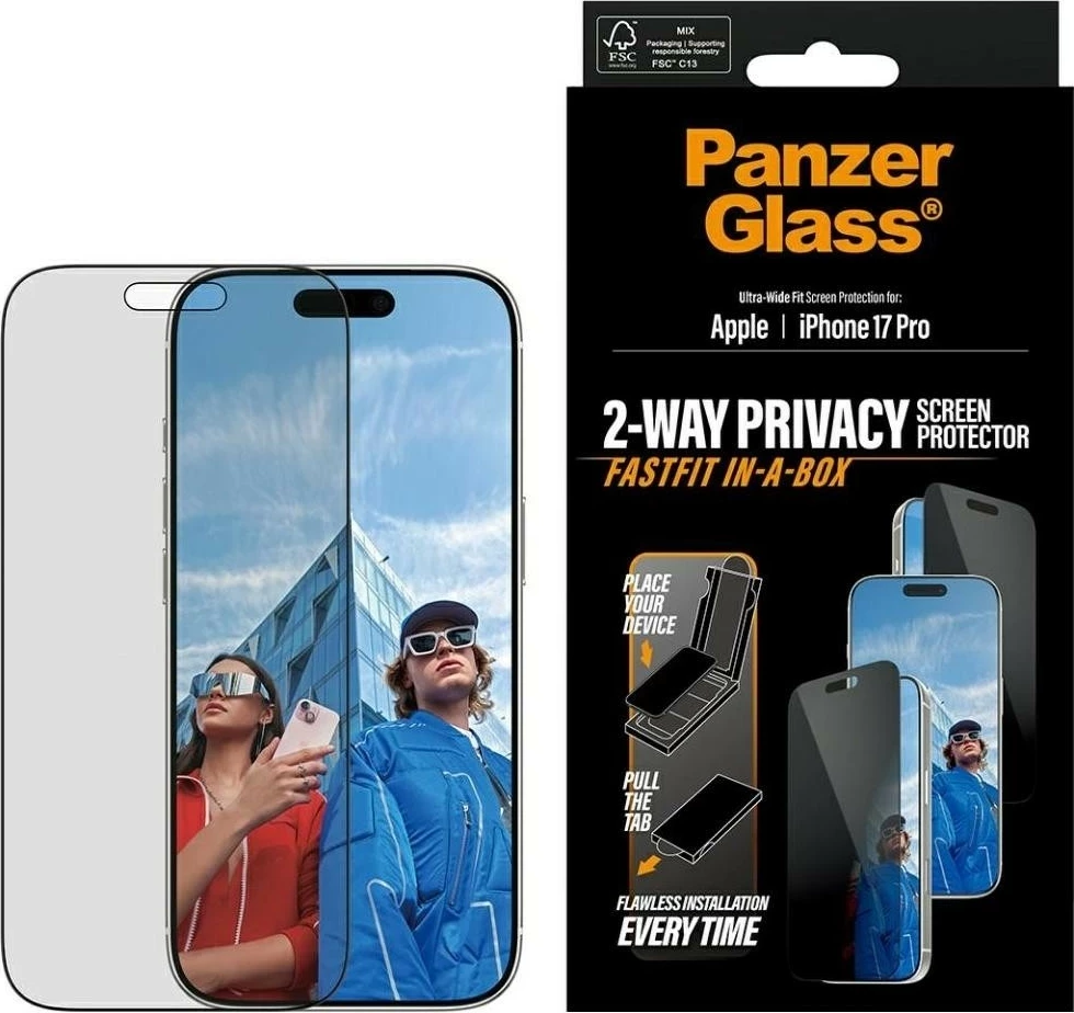 Zaščitno steklo za zasebnost PanzerGlass Ultra-Wide Fit Fastfit za iPhone 17 Pro, črno