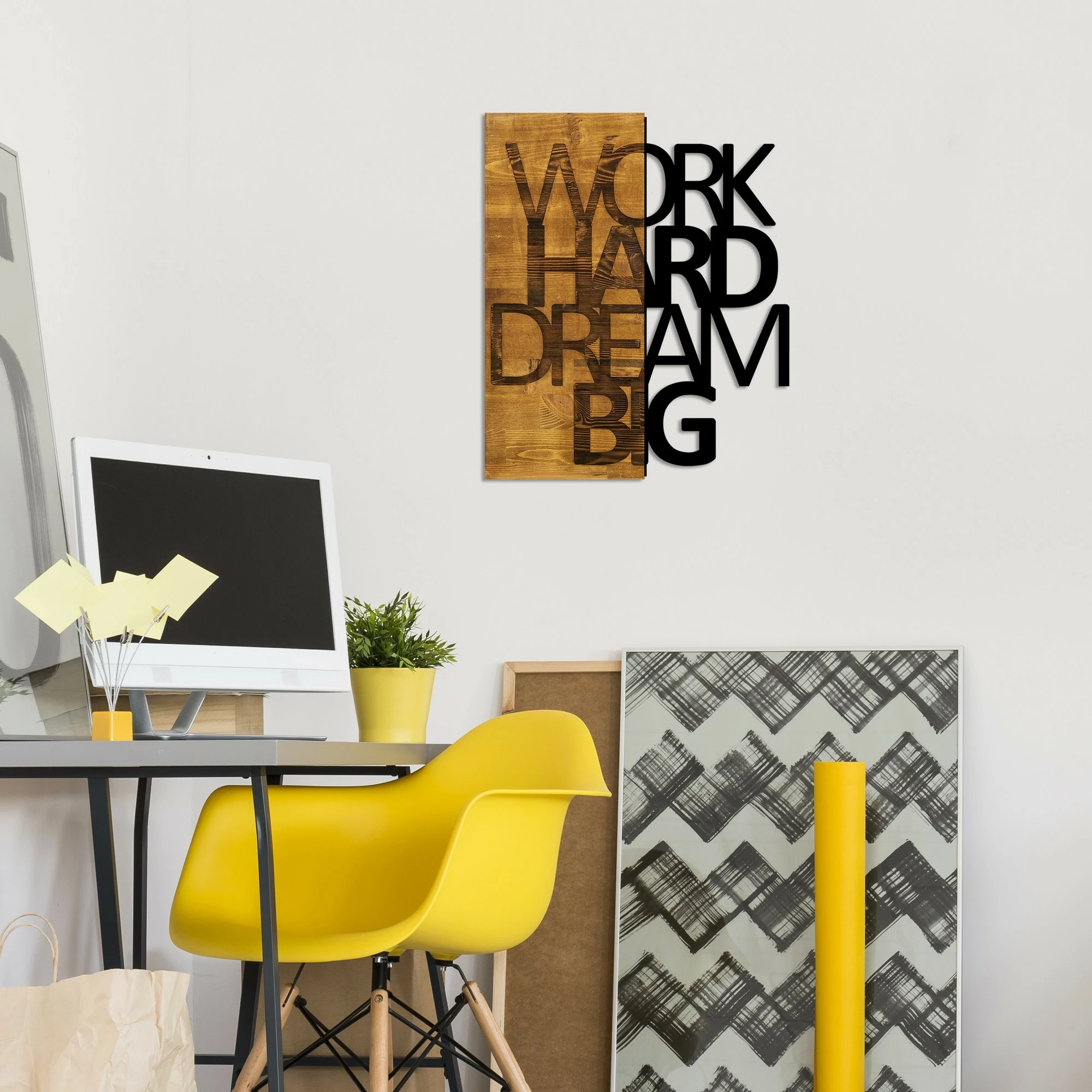 Lesen dekorativni stenski okrasek, Wallity, Work Hard Dream Big, oreh in črn, 48 x 58 cm