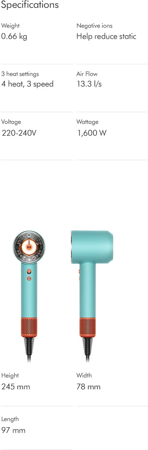 Sušilnik za lase Dyson Supersonic Nural, 1600 W, 13.3 l/s, moder, oranžen