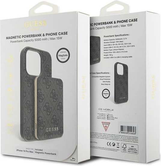 Ovitek za telefon 4G z metalnim logotipom in MagSafe powerbank 5000mAh, Guess, za iPhone 14 Pro Max, črn, komplet