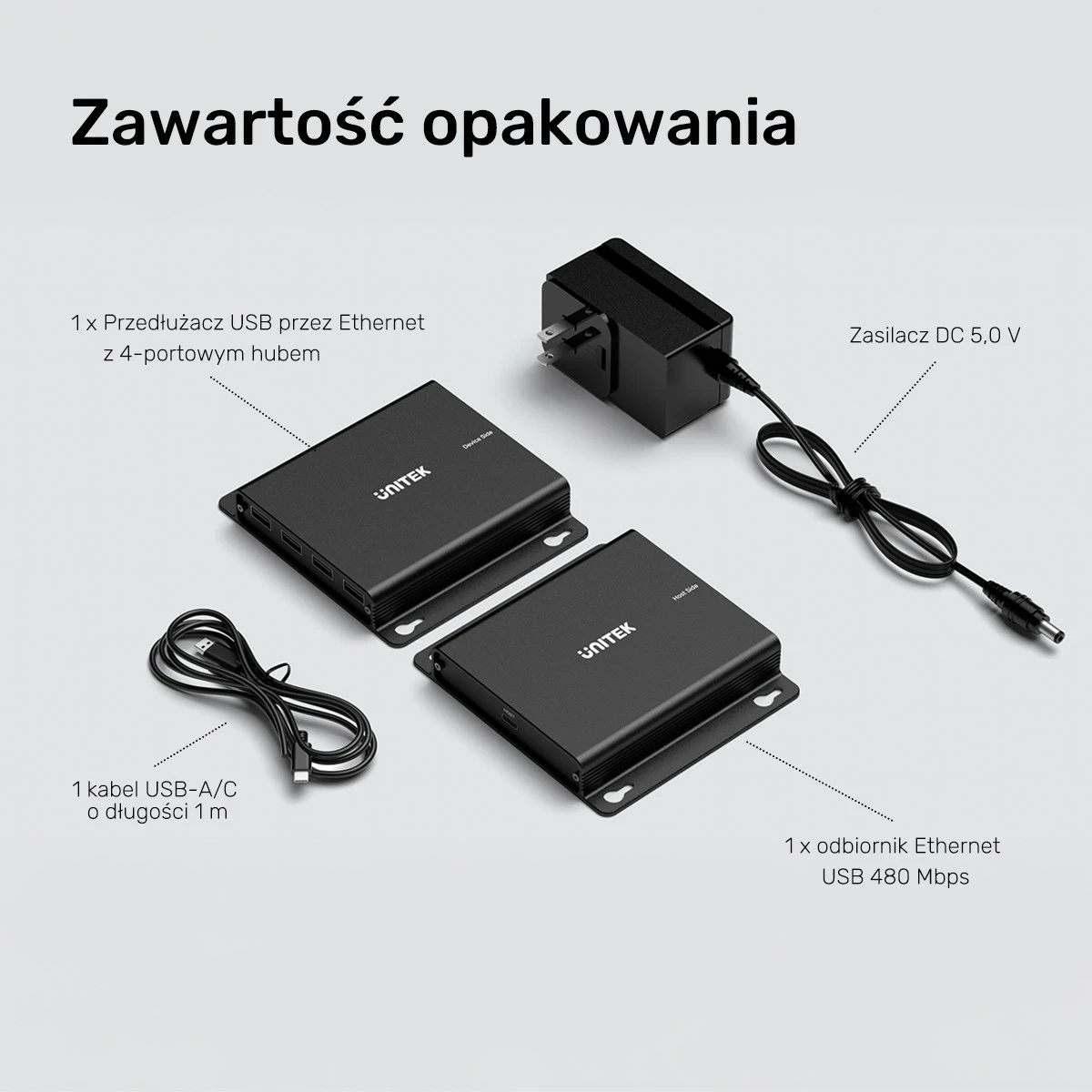 Razširjevalnik USB-C v 4× USB-A, Ethernet, 150 m, 480 Mbps Unitek