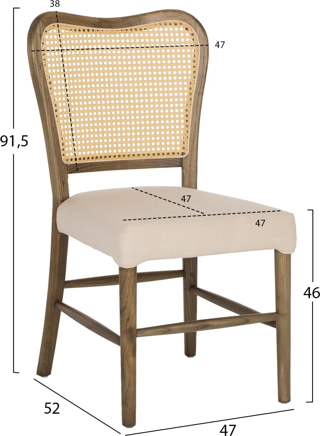 Stol iz lesa Toon z naslonom iz ratana in sedežem iz blaga FH9406.04 47x52x91.5Hcm