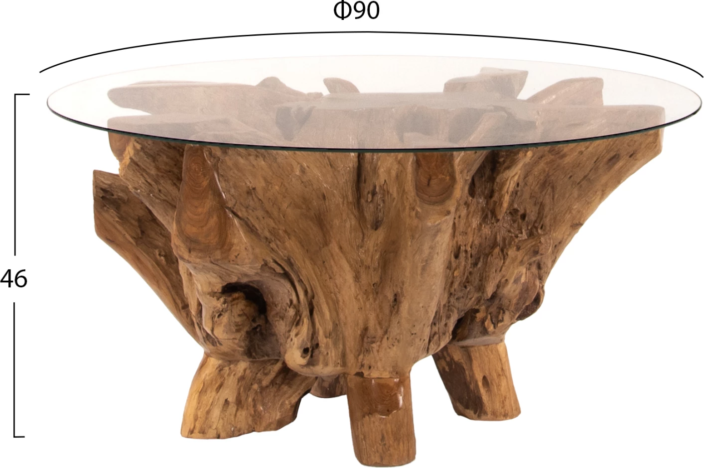 Okrogla miza za dnevno sobo iz korenine tika s kaljenim steklom D100x46H cm