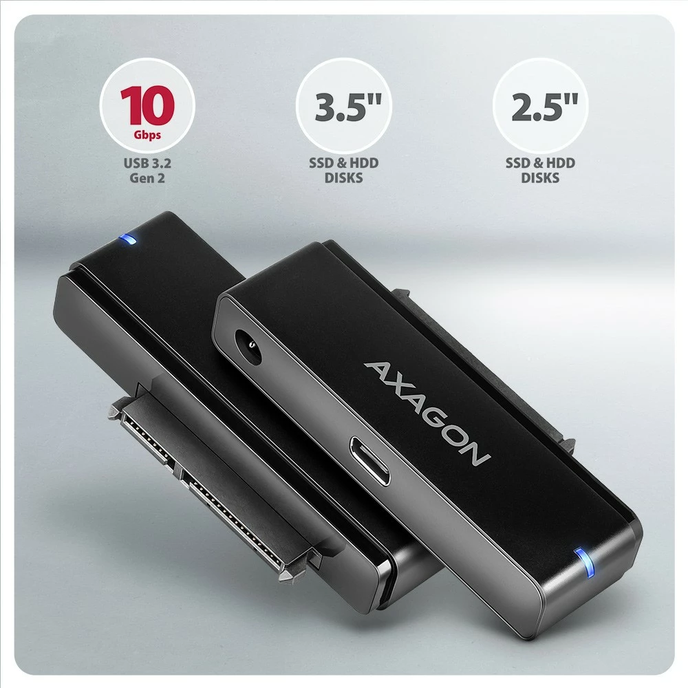 Adapter USB-C na SATA, 10Gbps, za SSD/HDD 2,5"/3,5", z napajanjem, 60 cm kabel, črno AXAGON ADSA-FPX Adapter USB-C na SATA, 10Gbps, za SSD/HDD 2,5"/3,5", z napajanjem, 60 cm kabel, črno AXAGON ADSA-FPX
