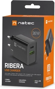 Napajalnik Ribera 20W z USB-A in USB-C, Natec, črn