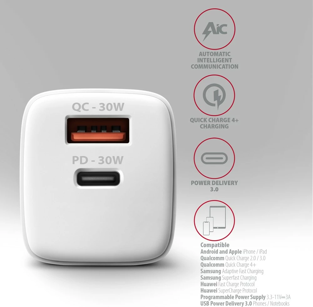 Stenski polnilec AXAGON ACU-PQ30W, 30W, 2 vrata USB-A in USB-C, bel Stenski polnilec AXAGON ACU-PQ30W, 30W, 2 vrata USB-A in USB-C, bel