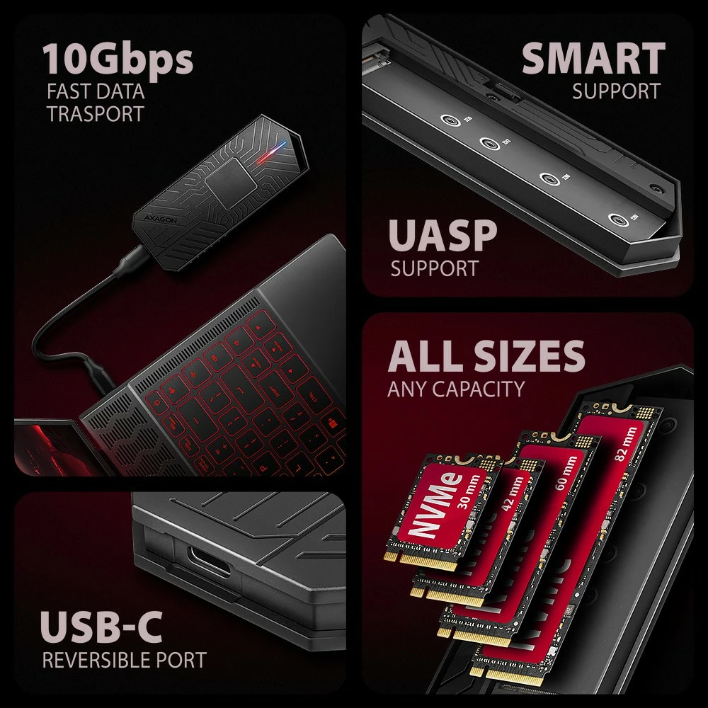 Zunanji aluminijast ohišje za SSD M.2 NVMe/SATA, USB-C 3.2 Gen 2, AXAGON EEM2-GAM, črno Zunanji aluminijast ohišje za SSD M.2 NVMe/SATA, USB-C 3.2 Gen 2, AXAGON EEM2-GAM, črno