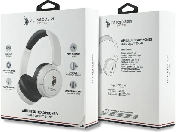 Bluetooth slušalke, US Polo Assn. USHPV6PUNH, on-ear, bele, DH Color Logo