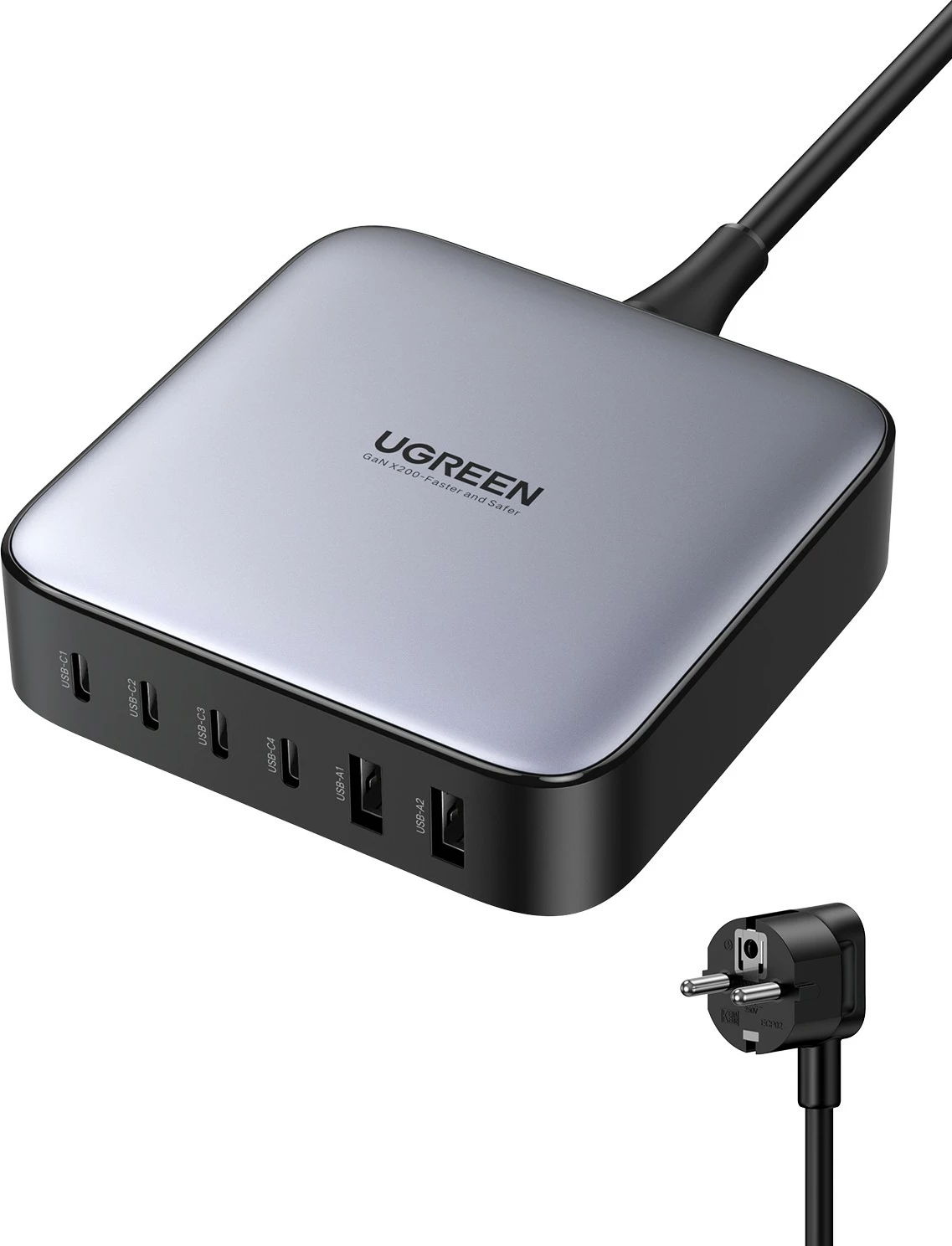 Namizni polnilec Ugreen Nexode 40914, 200 W, GaN, USB-C/USB-A, črno/siv