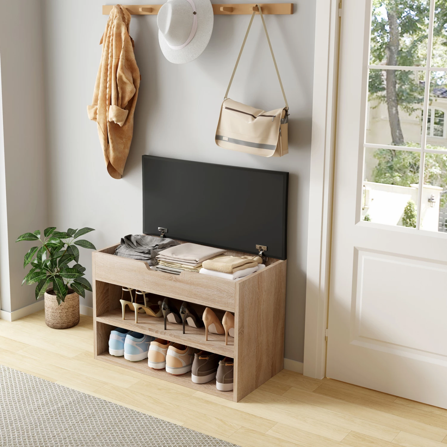 Stojalo za čevlje z sedežem ROMIR FH2477.01 iz melamina v sonoma-rjavi barvi 60x30x44H cm