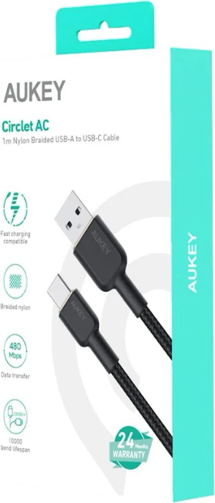 Kabel USB-C Power Delivery 60W 3A, 1 m, najlon, črn AUKEY CB-NAC1