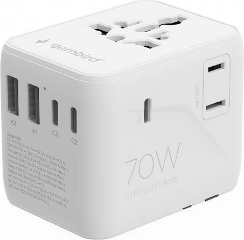 Univerzalni potovalni adapter, Gembird TPA-2A3C70-01-W, 70 W GaN, USB-C PD + USB-A QC, univerzalna AC vtičnica, bela